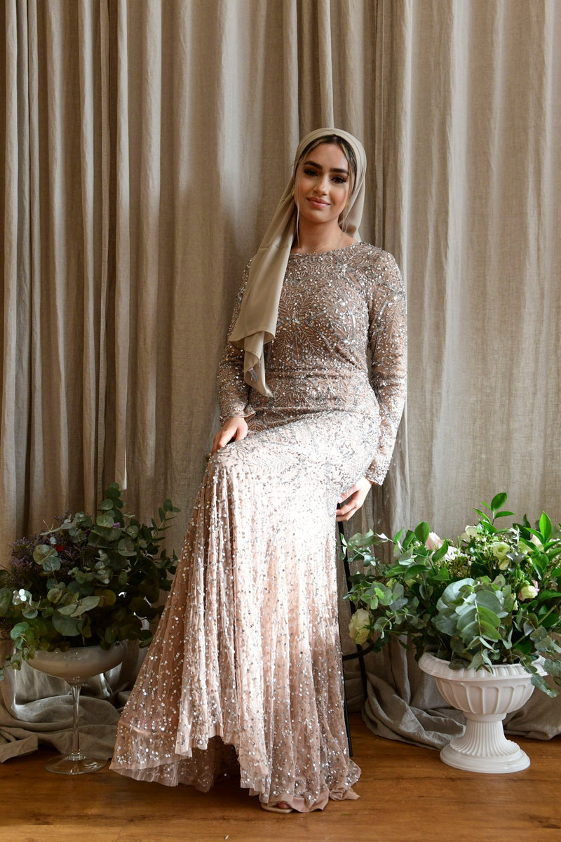 Gold Embellished Long Sleeved Fishtail Maxi Dress With Trail