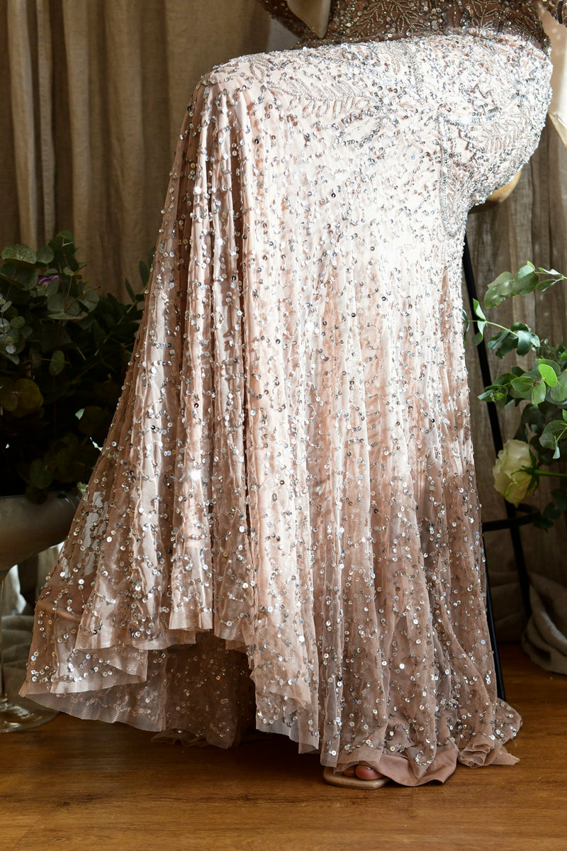 Gold Embellished Long Sleeved Fishtail Maxi Dress With Trail