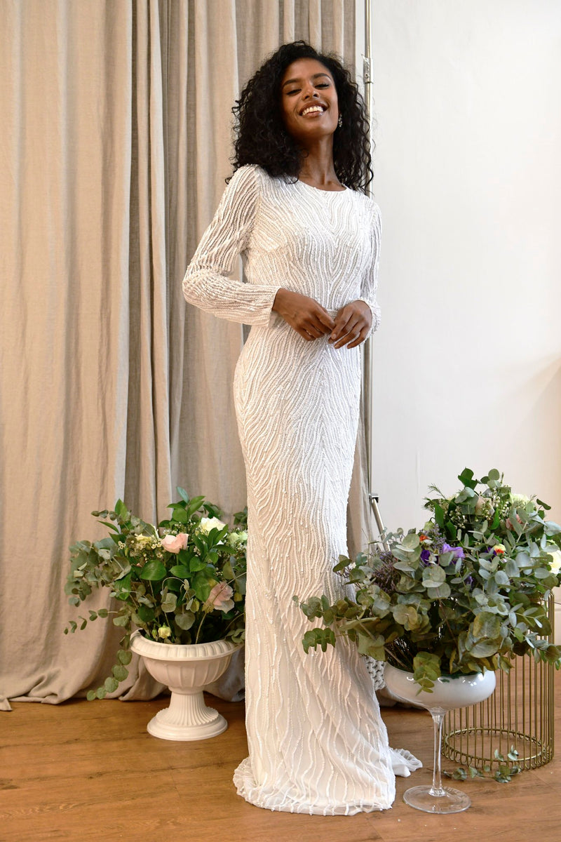 White Embellished Long Sleeved Maxi Dress