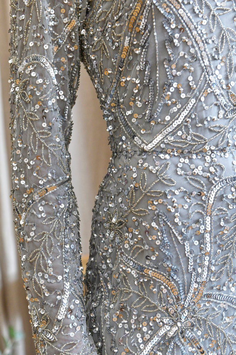 Silver Maxi Long Sleeved Embellished Dress