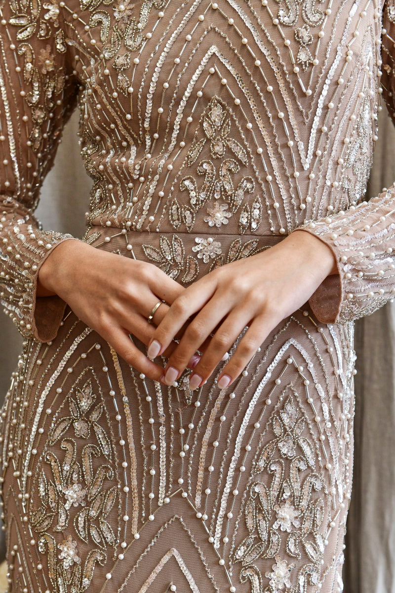 Nude Pearl Embellished Long Sleeved Maxi Dress