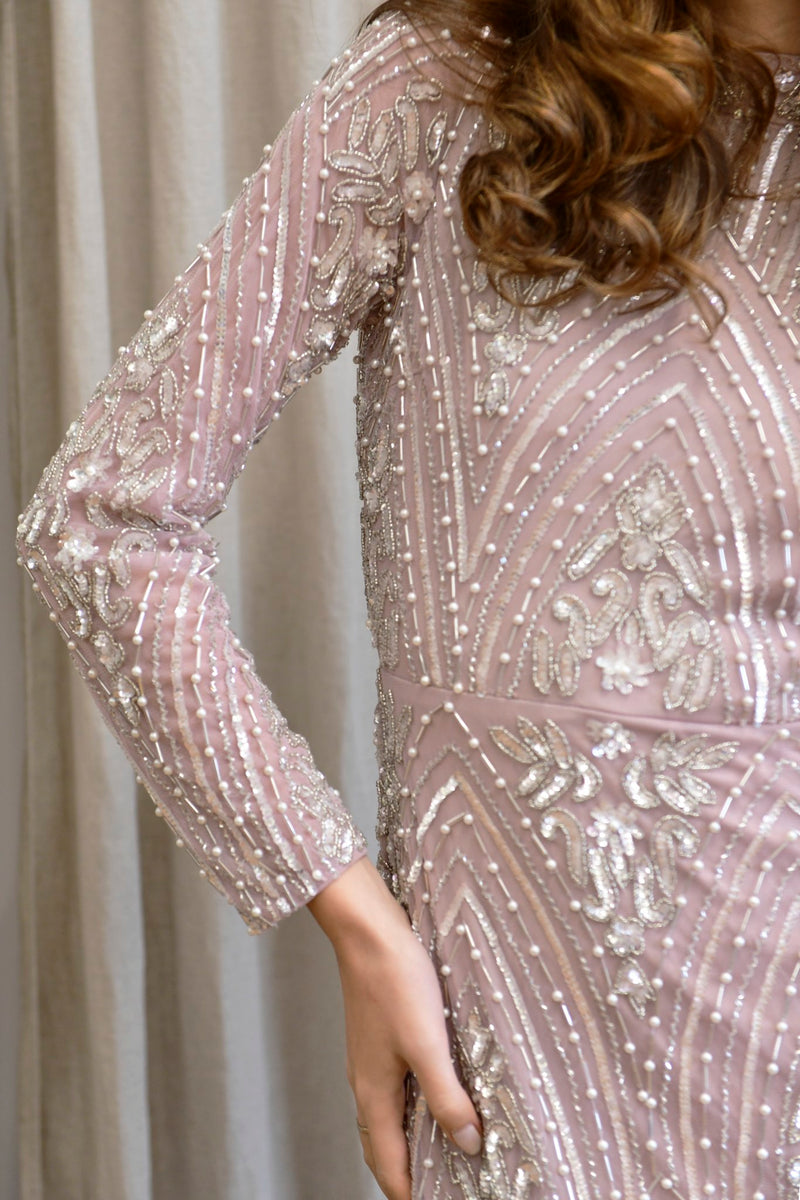Pink Pearl Embellished Long Sleeved Maxi Dress