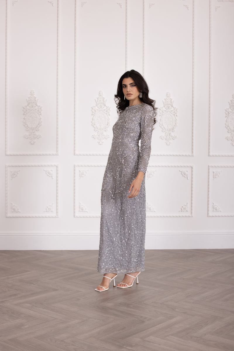 ELHM Silver Grey Long Sleeved Embellished Maxi Dress