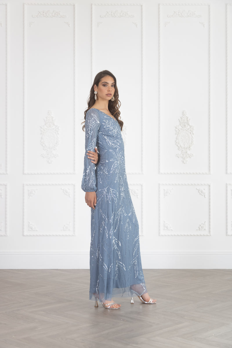 ELHM Pastel Blue Embellished Long Sleeve Maxi Dress