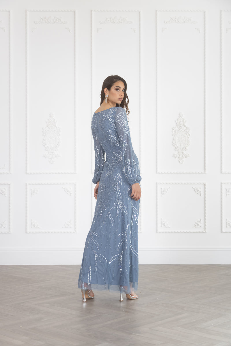 ELHM Pastel Blue Embellished Long Sleeve Maxi Dress