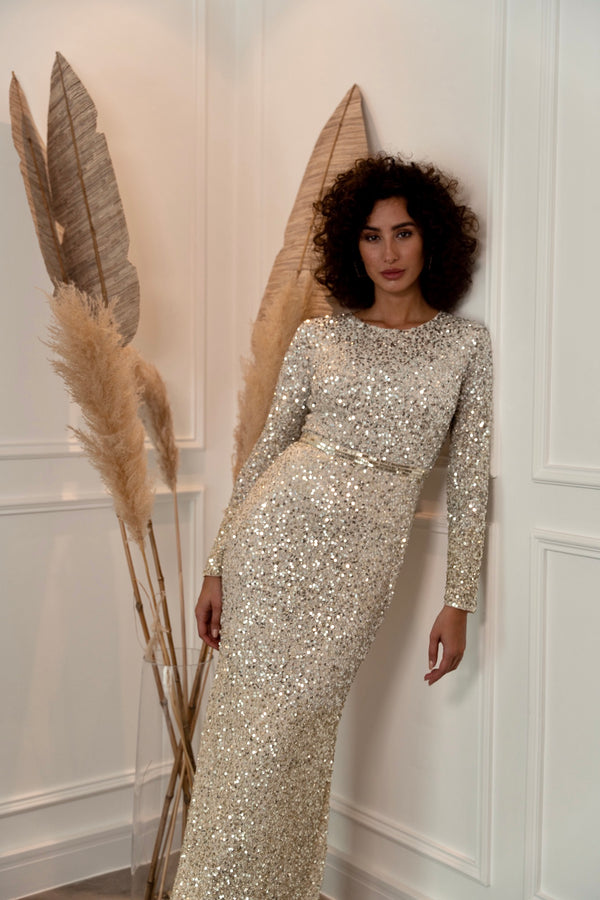 ELHM Silver Gold Ombré Long Sleeved Embellished Maxi Dress With Trail