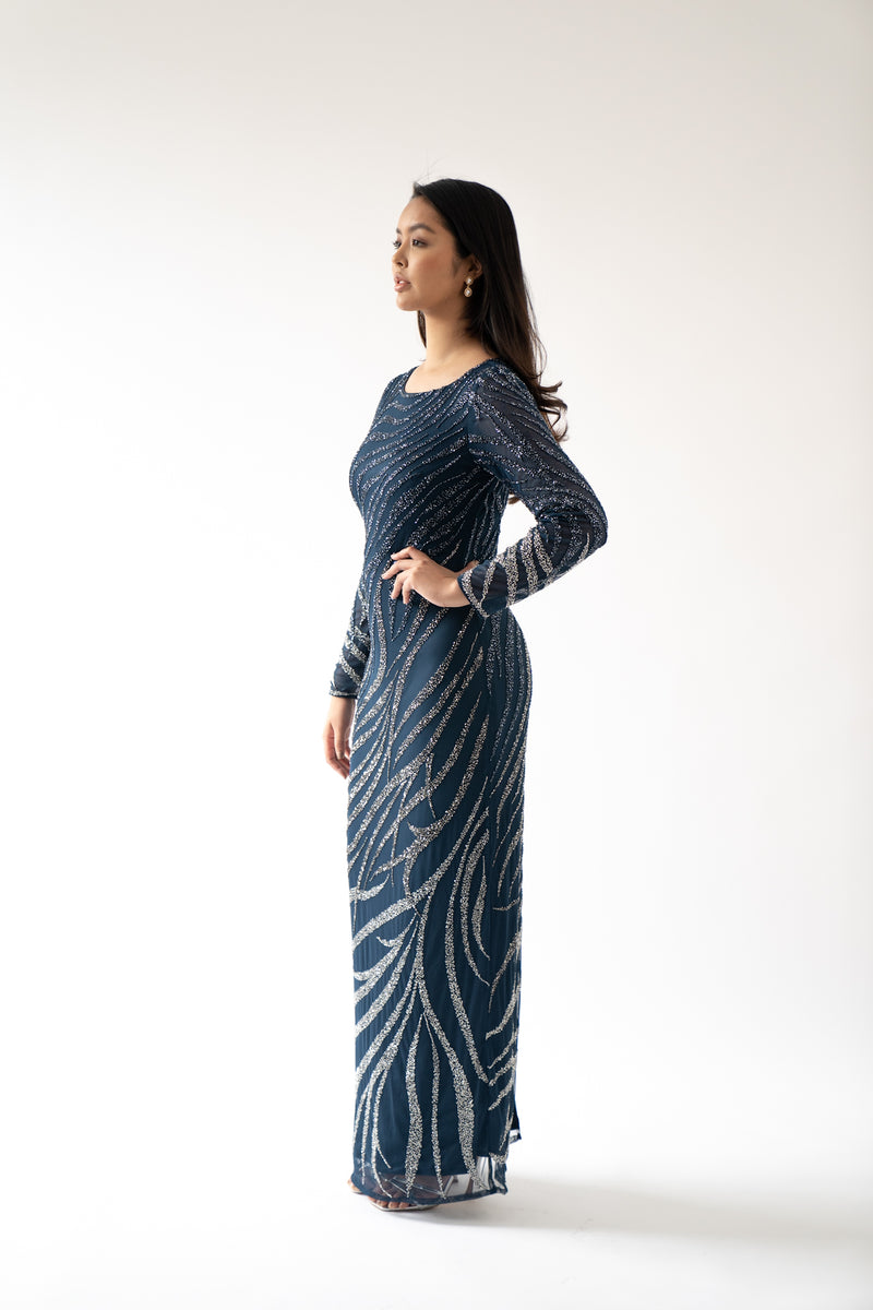 ELHM Navy / Silver Zebra Print Embellished Maxi Dress